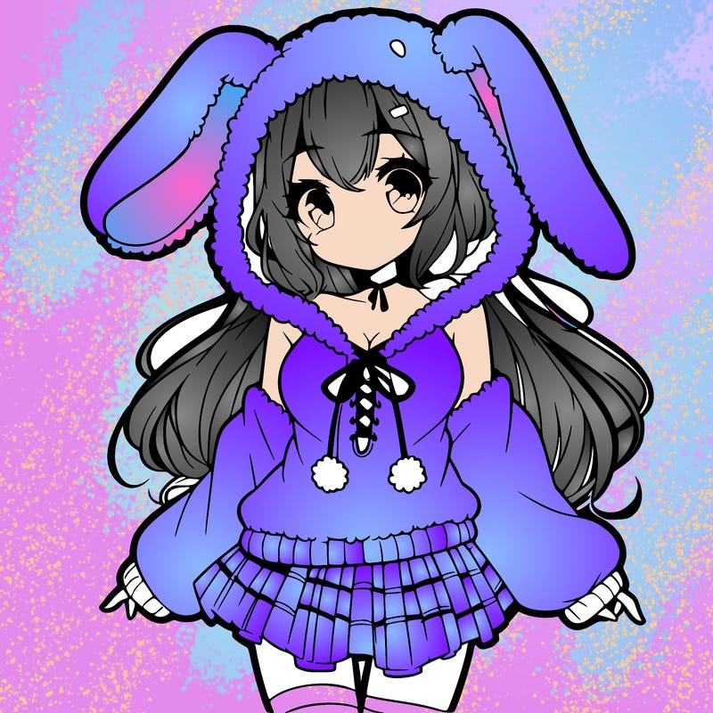 pretty anime girl wearing a fluffy hoodie with bunny ears on the hood and a skirt