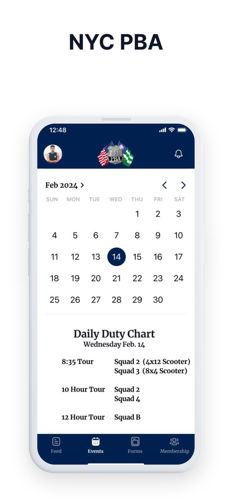 NYC PBA - NYC PBA app displaying daily duty chart and monthly calendar