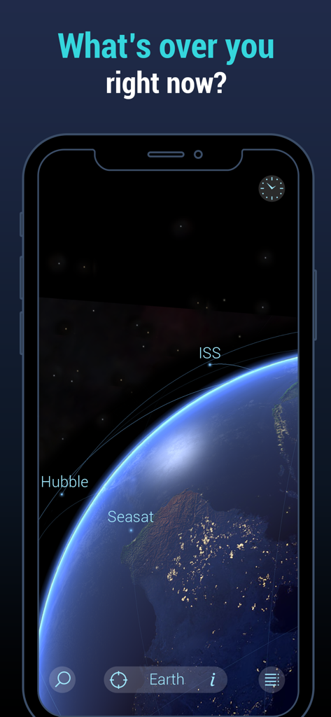 A 3D view of Earth with labeled satellites including ISS and Hubble in the Solar Walk Lite app.