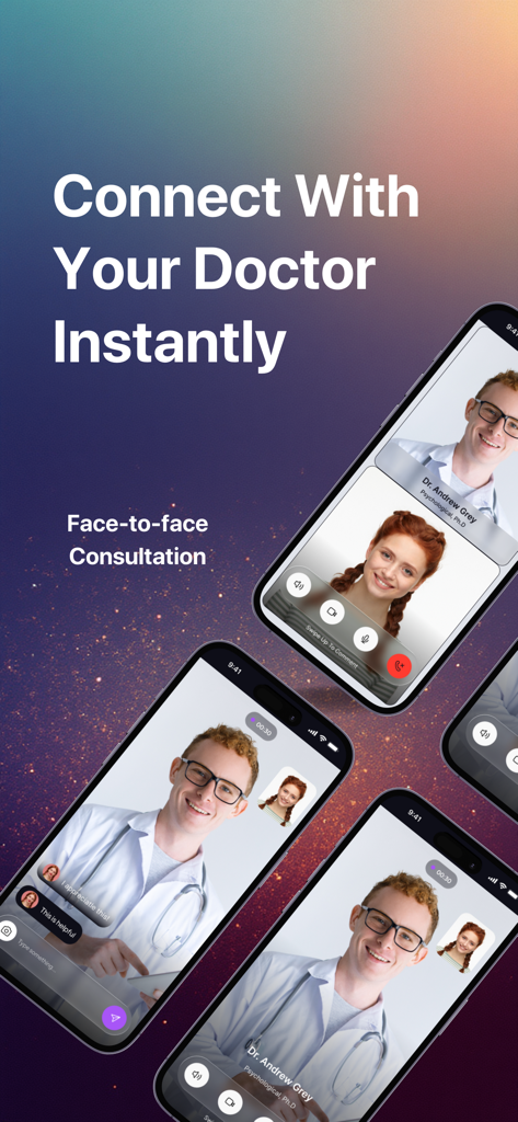 Mobile app screens showing a face to face video consultation with a doctor