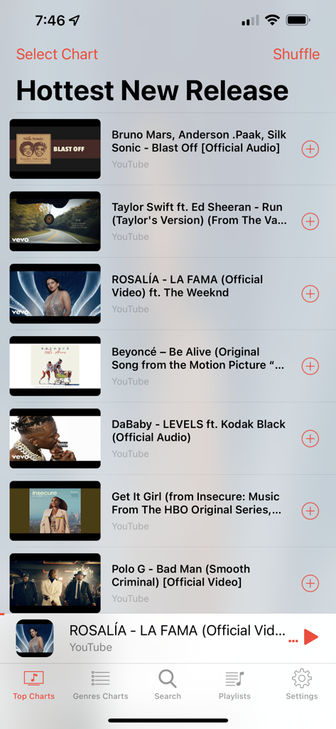 Music Video Player Musca - Musca app screen showing a list of the hottest new music video releases