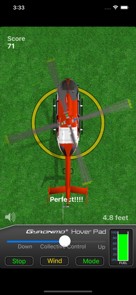 Hover Pad - Visão de cima da jogabilidade de um helicóptero pairando precisamente sobre um heliponto amarelo no aplicativo Hover Pad.