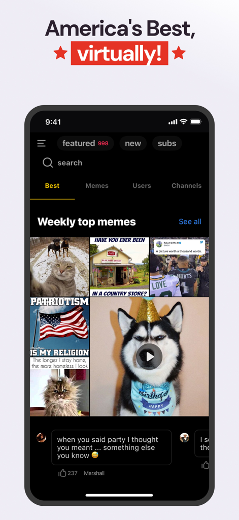 Interface of the ABPV app showing a feed of weekly top memes including patriotic imagery and funny pet videos