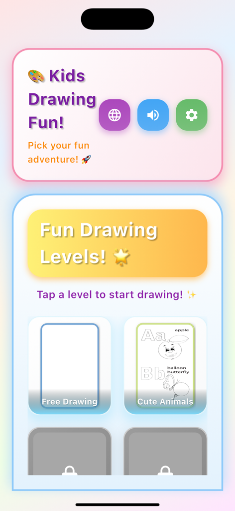 Kids Color Book Draw & Learn - Main menu of Kids Color Book app showing different drawing levels like Free Drawing and Cute Animals.
