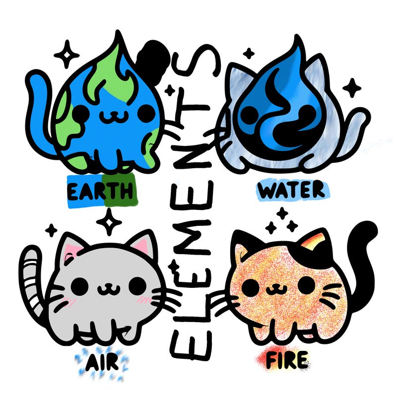 4 cats that represent the different elements, earth, water, air, and fire