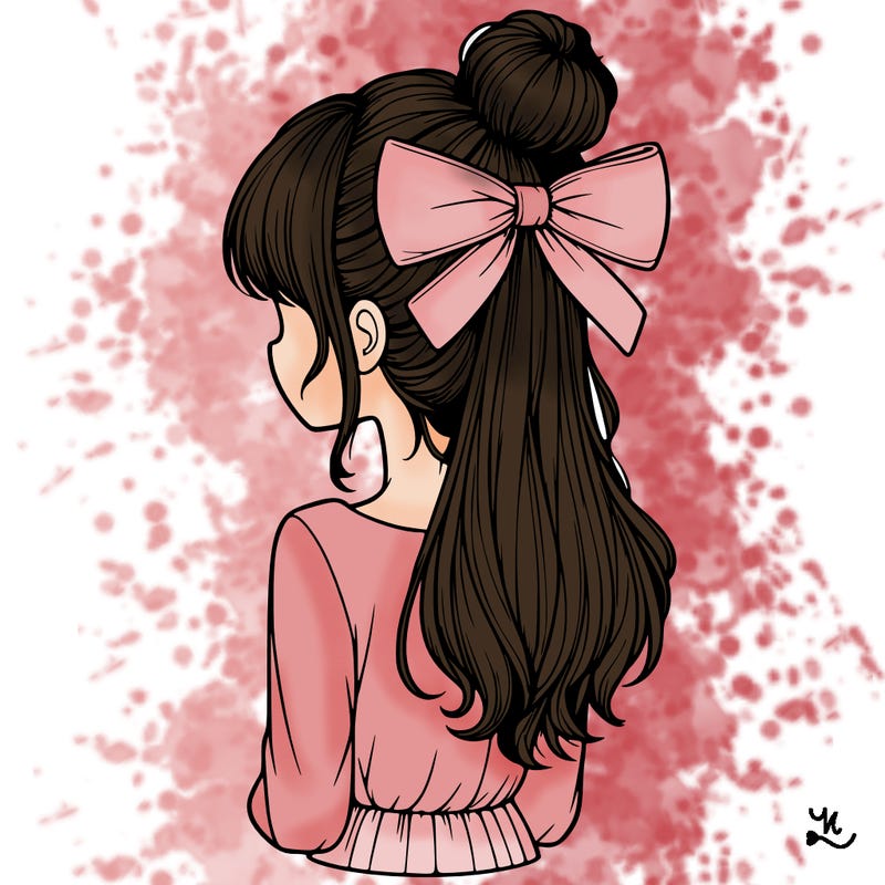 realistic girl  with hip length hair a bun and a big bow on the back of head