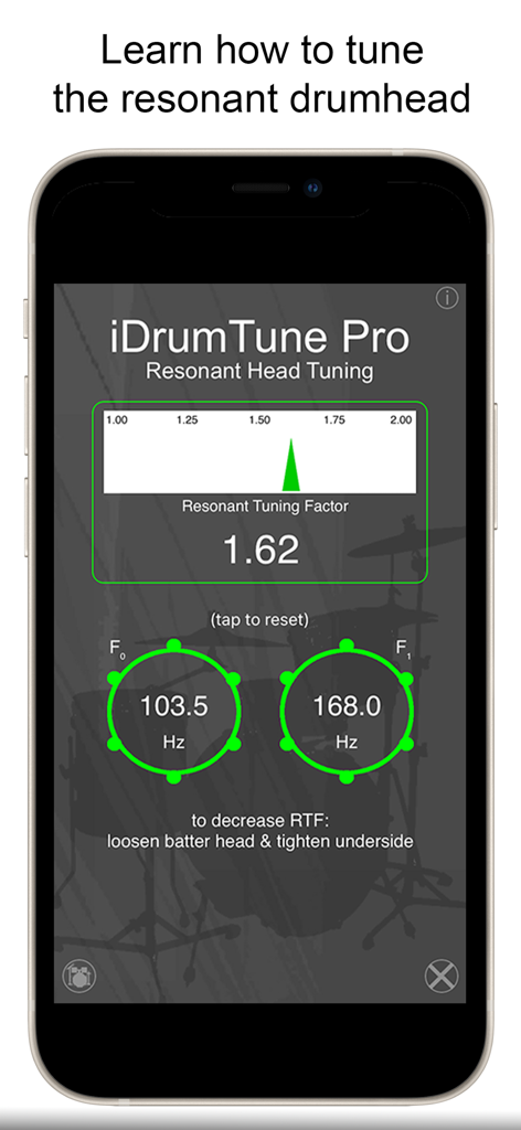Drum Tuner - iDrumTune Pro - The resonant head tuning interface of the iDrumTune Pro mobile app showing frequency data and tuning factors.