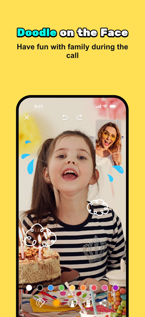 JusTalk Family Messenger - A child and parent enjoying a fun video call with doodles on the screen using JusTalk Family Messenger.