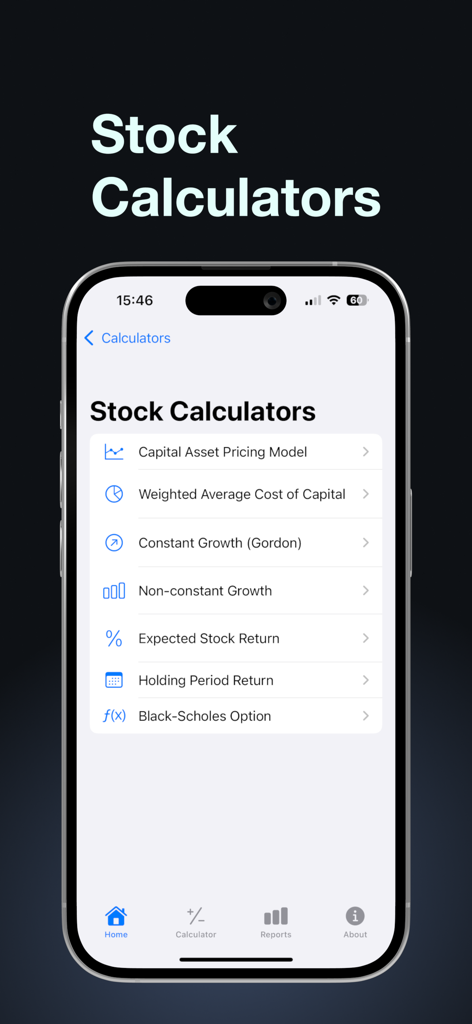 Stock calculators menu in the BA Financial Calculator Plus app displaying options for CAPM WACC and Black Scholes