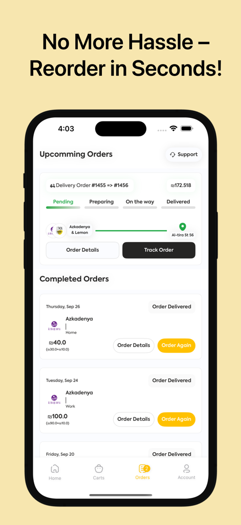 PalEat app interface showing food order history and real-time tracking status