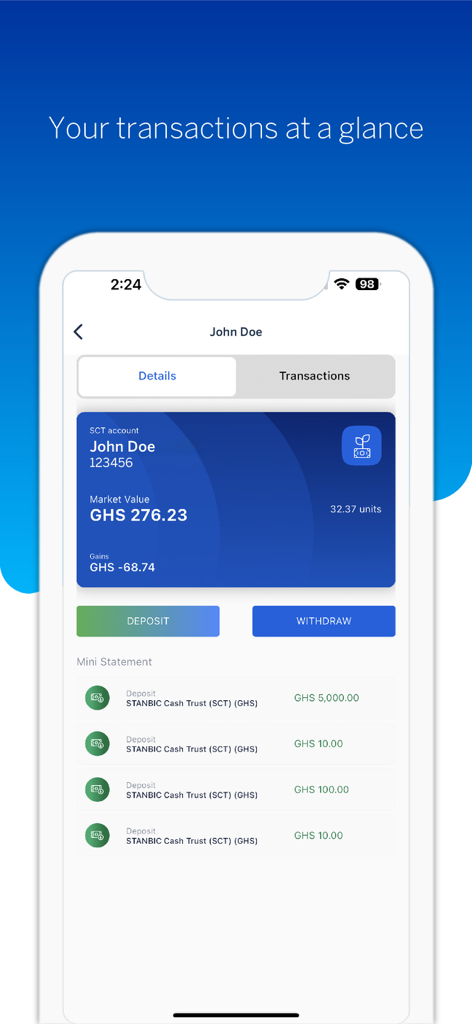 SIMS LTD - SIMS LTD mobile app showing investment transaction history and mini statement