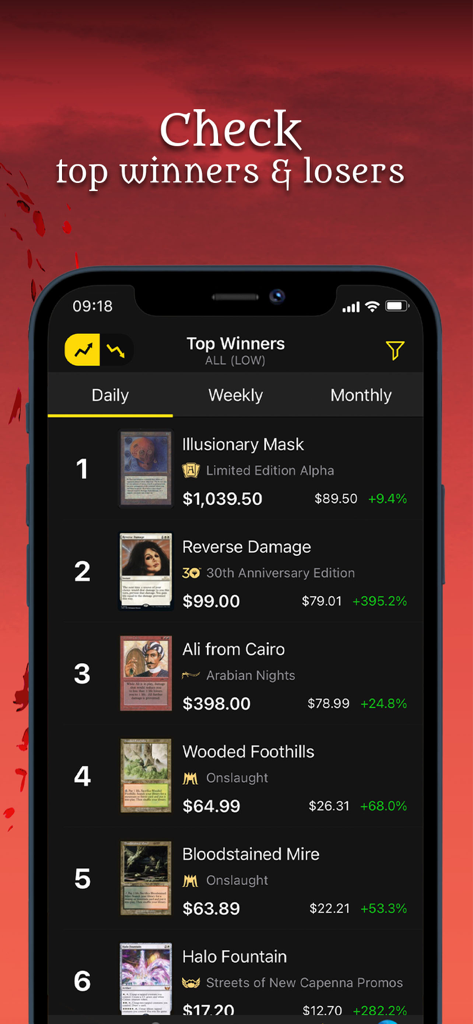 Interface de l'application MTG Scanner montrant les cartes les plus gagnantes en prix et les tendances du marché