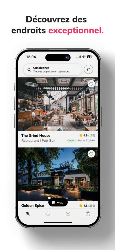 The Pinjoy app interface displaying local restaurant listings with high-quality images and ratings.