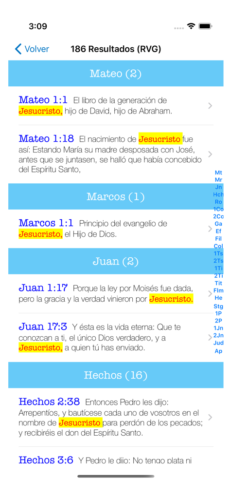 Resultados de búsqueda para la palabra Jesucristo en la aplicación Biblia Reina Valera mostrando versículos resaltados de varios libros
