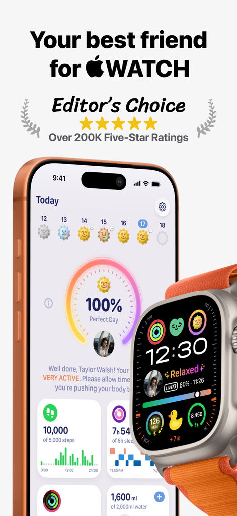 GrowPal: Health & Fitness - GrowPalの健康・フィットネスアプリのインターフェース（iPhoneとApple Watch）で、日々の活動指標とウェルネストラッキングが表示されています。