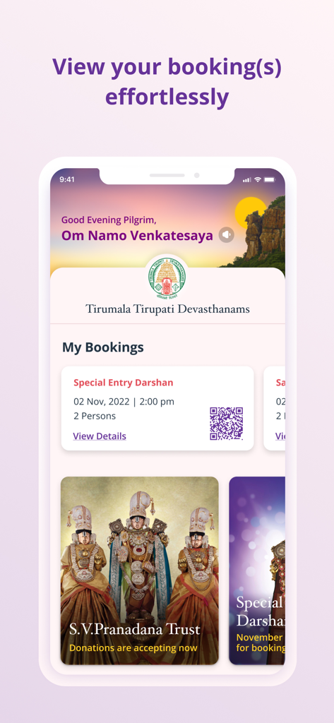 Screenshot of the TTDevasthanams app showing the My Bookings section with a Special Entry Darshan ticket booking and QR code