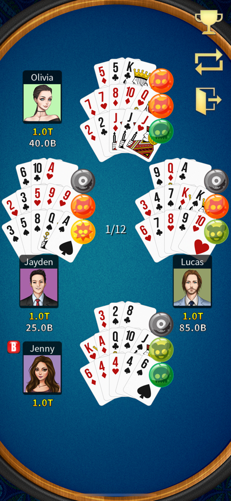 Gameplay screen of Chinese Poker Offline KK Pusoy showing four players and 13-card hands on a blue table
