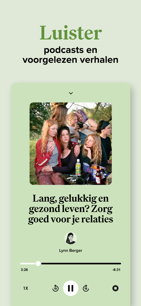 De Correspondent - De Correspondent app interface showing the audio player for podcasts and read-aloud stories