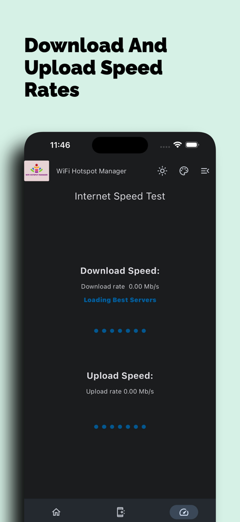 WiFi Hotspot Manager - Interfaz de prueba de velocidad de Internet en la aplicación Gestor de Hotspots WiFi que muestra secciones de velocidad de descarga y carga en modo oscuro.
