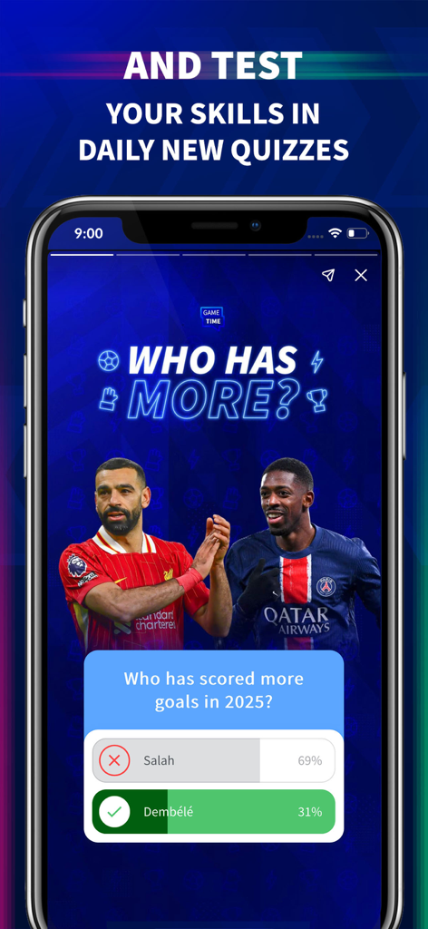 Una schermata di quiz calcistico giornaliero nell'app Transfermarkt che confronta i gol segnati da Salah e Dembele nel 2025