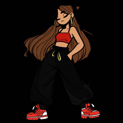 girl in baggy pants crop top and long hair