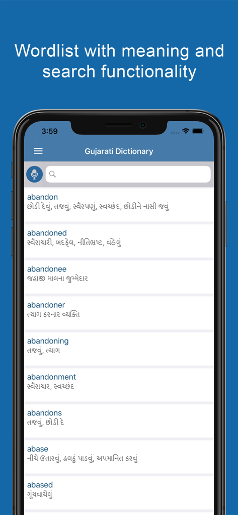 Gujarati Dictionary-Translator - Mobile screen showing English words with their Gujarati translations and a search bar in the Gujarati Dictionary app