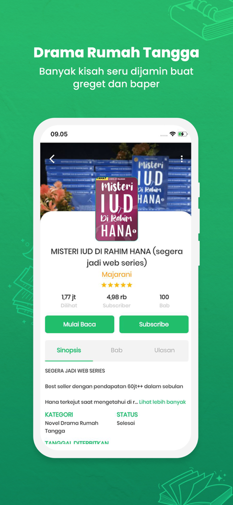 KBM App - KBMアプリのスクリーンショットで、 Misteri IUD di Rahim Hana というタイトルの人気のインドネシアのファミリードラマ小説と、読書や購読のオプションが表示されています。