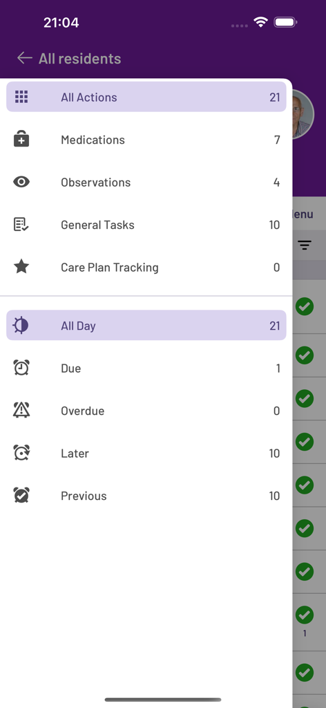 Interface for filtering resident care tasks by category such as medications and observations.