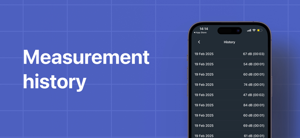 Decibel Meterーmeasure decibels - Screenshot of the measurement history screen in the Decibel Meter app showing a list of recorded sound levels.