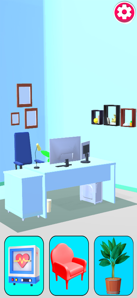 Fruit Doctor 3D: Fruit Clinic - Interface for customizing the fruit clinic office with furniture and medical equipment options