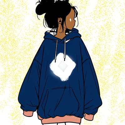 realistic girl with a oversized sweatshirt on and a bun