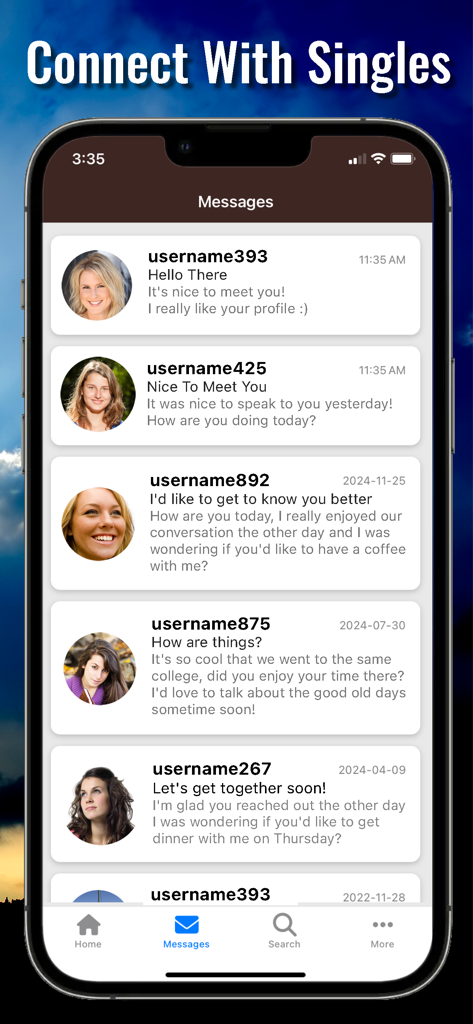 Messaging interface of the ChristianCafe dating app showing a list of conversations with other members.