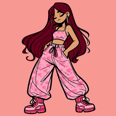 girl in baggy pants crop top and long hair