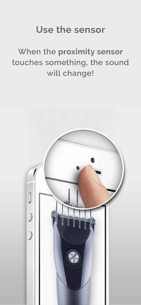 A hand demonstrating how to trigger the hair trimmer sound using the iPhone proximity sensor