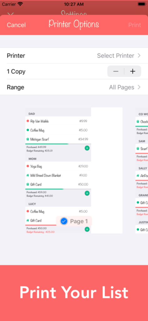 Interface showing printer options and a preview of the gift list with names and budgets in the Christmas Gift List Tracker app.