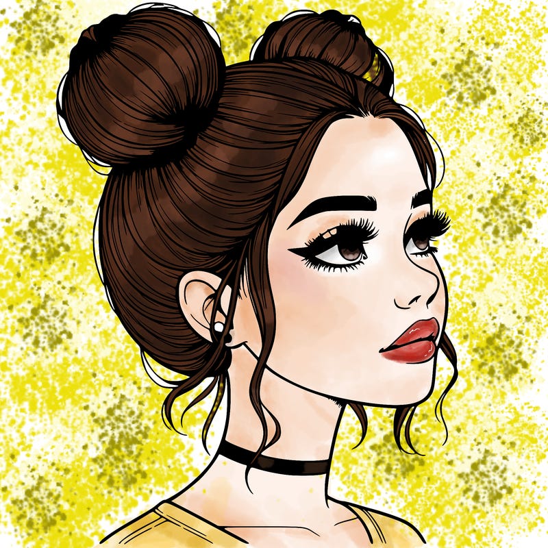 realistic girl with buns on the top of her head
