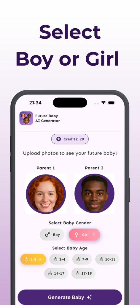 Future Baby AI Generator - A smartphone screen showing the Future Baby AI Generator interface where users select the baby gender and age group.