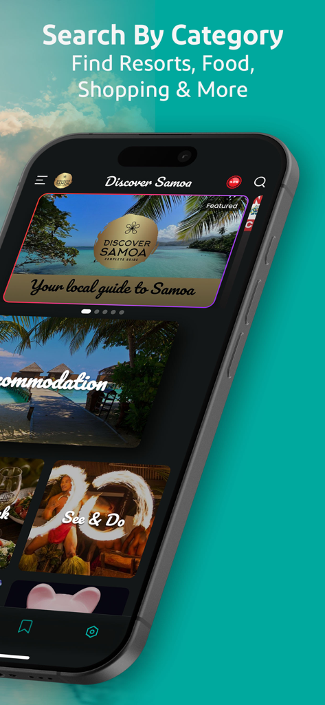 Discover Samoa - Aplicación móvil Discover Samoa mostrando la búsqueda por categorías de resorts y atracciones locales.