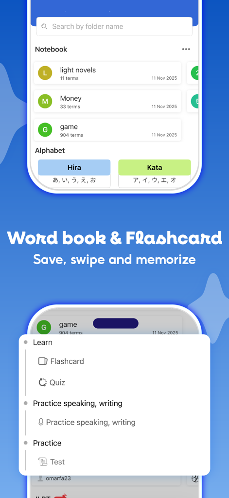 Mazii: Dict. to learn Japanese - Interface do aplicativo Mazii mostrando pastas de cadernos de palavras japonesas e opções de aprendizado como flashcards e quizzes.