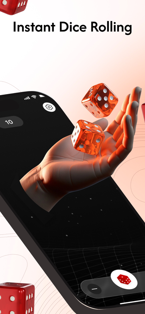 Une main 3D lançant deux dés orange lumineux depuis l'écran d'un smartphone.