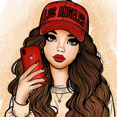 realistic beautiful girl wearing los ángeles cap holding an iphone