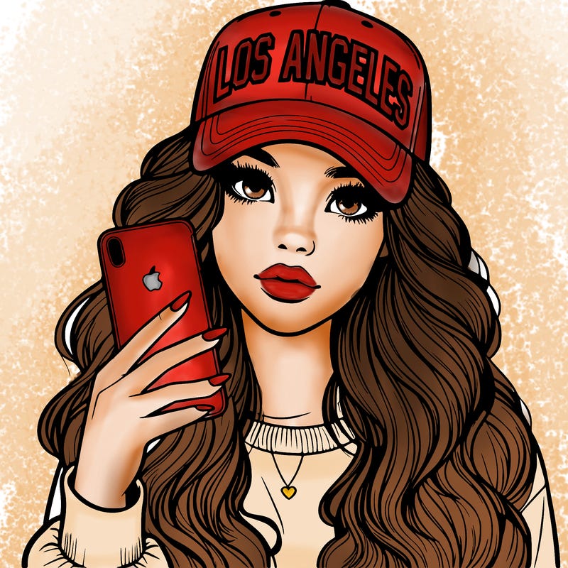 realistic beautiful girl wearing los ángeles cap holding an iphone