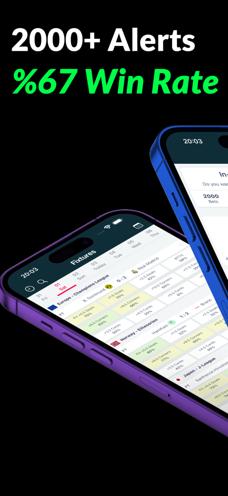 Footy Alerts: Goal Corner Card - A mobile app interface displaying football fixtures and a 67 percent win rate for betting alerts.