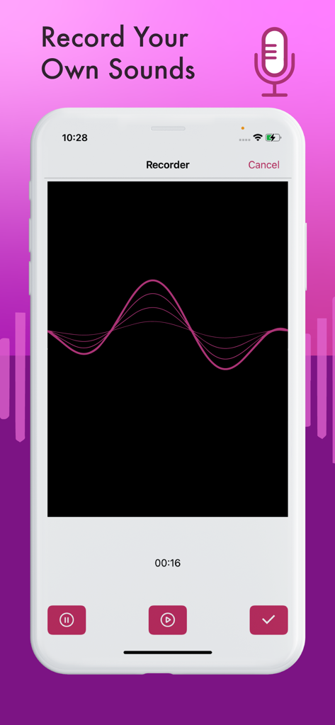 Ringtone Maker . - Pantalla de iPhone que muestra la función de grabar tus propios sonidos con una visualización de onda rosa.