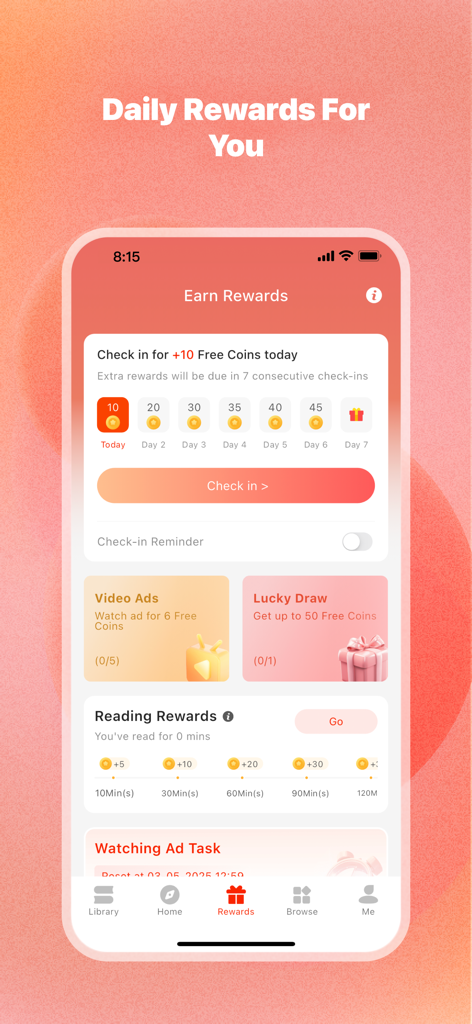 Tapon app rewards screen showing daily check-in and ways to earn free coins