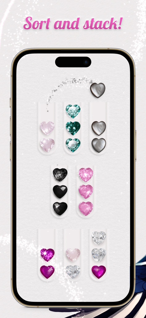 Heart shaped diamond and gemstone sorting puzzle game screen