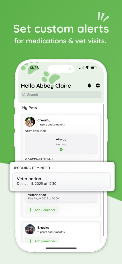 That Pet App - Health Tracker - Tela do That Pet App mostrando alertas personalizados para medicamentos de pets e consultas veterinárias