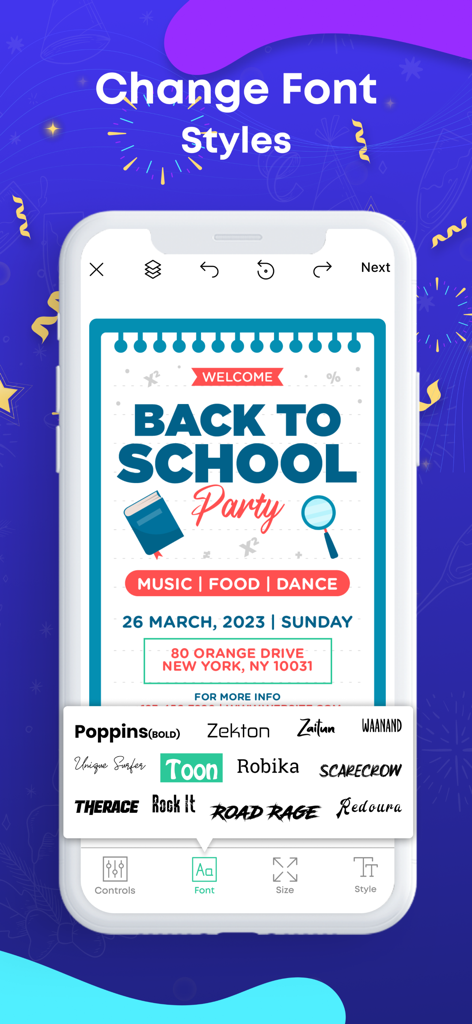 「Back to School Party」ポスターテンプレートの様々なフォント選択オプションを示すフライヤーメーカーアプリのインターフェース