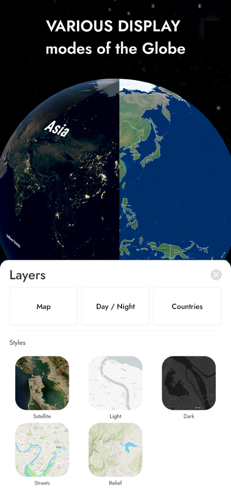 A screenshot of the Globe 3D app interface showcasing various display modes like satellite relief and day night layers