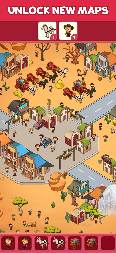 Capybara Match! - Gameplay of Capybara Match showing a Wild West themed map where players search and match cowboy characters and horses.